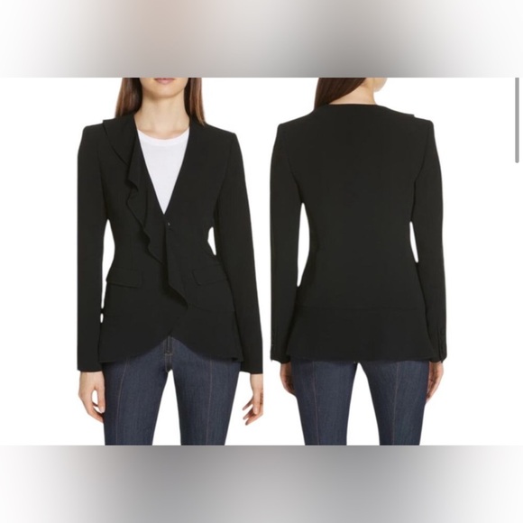 Cinq a Sept Lanier Black Ruffle Blazer 5 a 7 Jacket Snaps Pockets Women's Size 2 - Picture 3 of 10